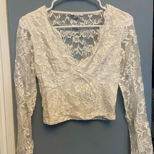 White Floral Lace V-Neck Long Sleeve Crop Top
